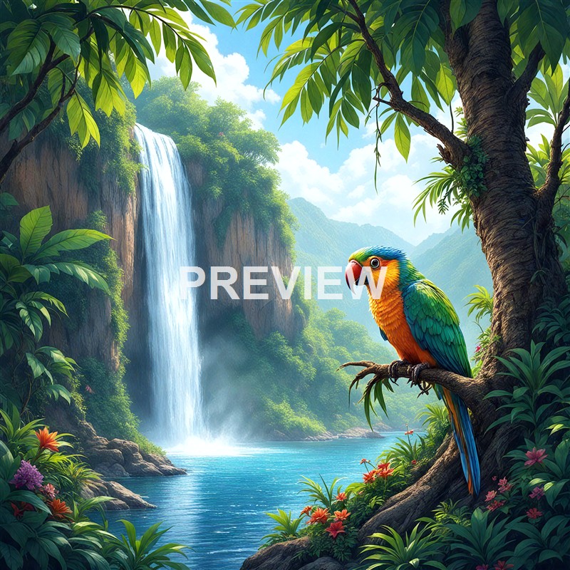 A colorful parrot perched on a tree branch in a lush, tropical landscape featuring a waterfall, mountains, and vibrant foliage under a partly cloudy sky.